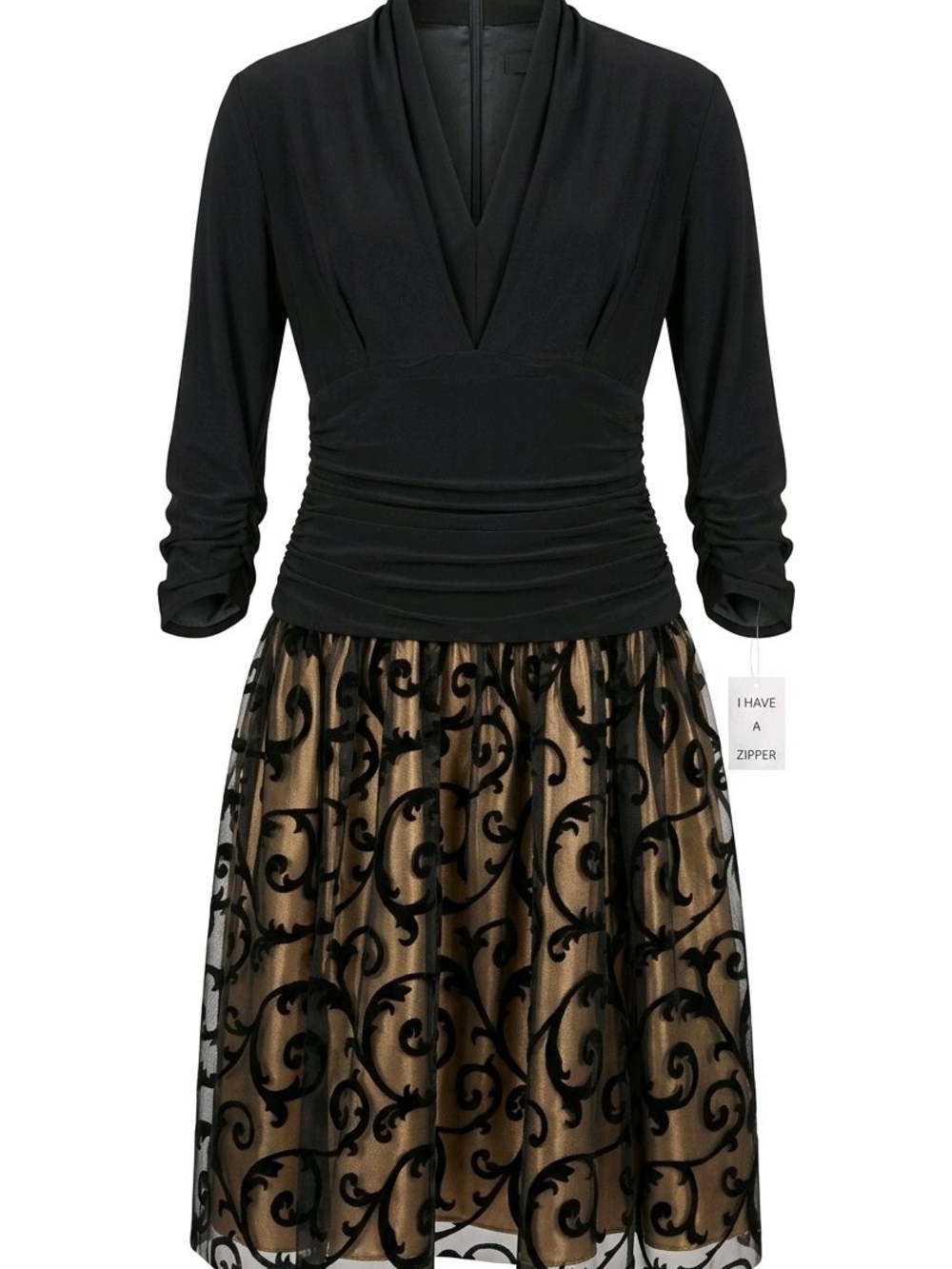 SL Fashions Size 12 Black V-Neck Ruched Bodice Gold Damask Mesh Skirt Dress NWT